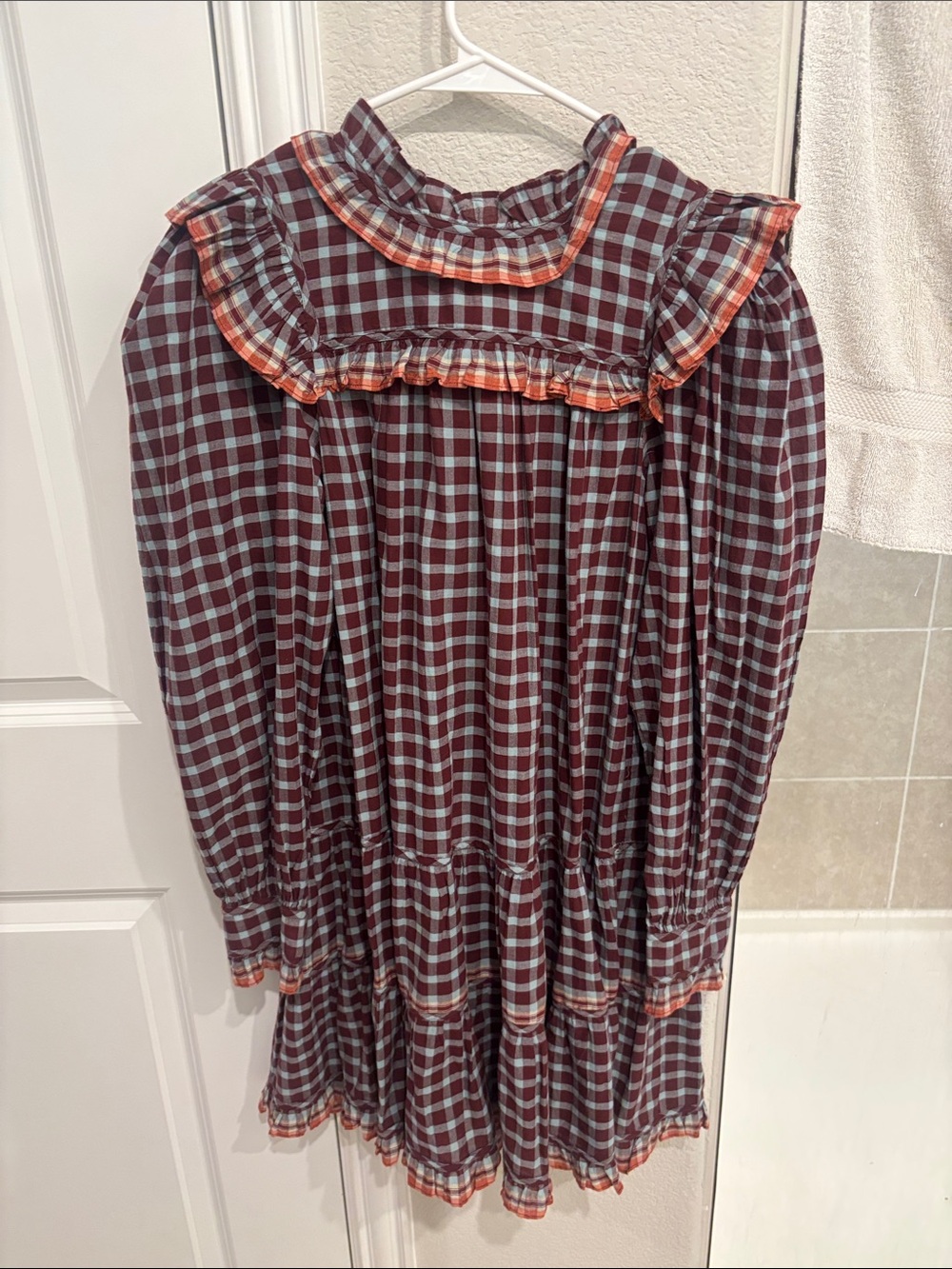 Plaid Ruffle Collar Dress - Burgundy & Light Blue